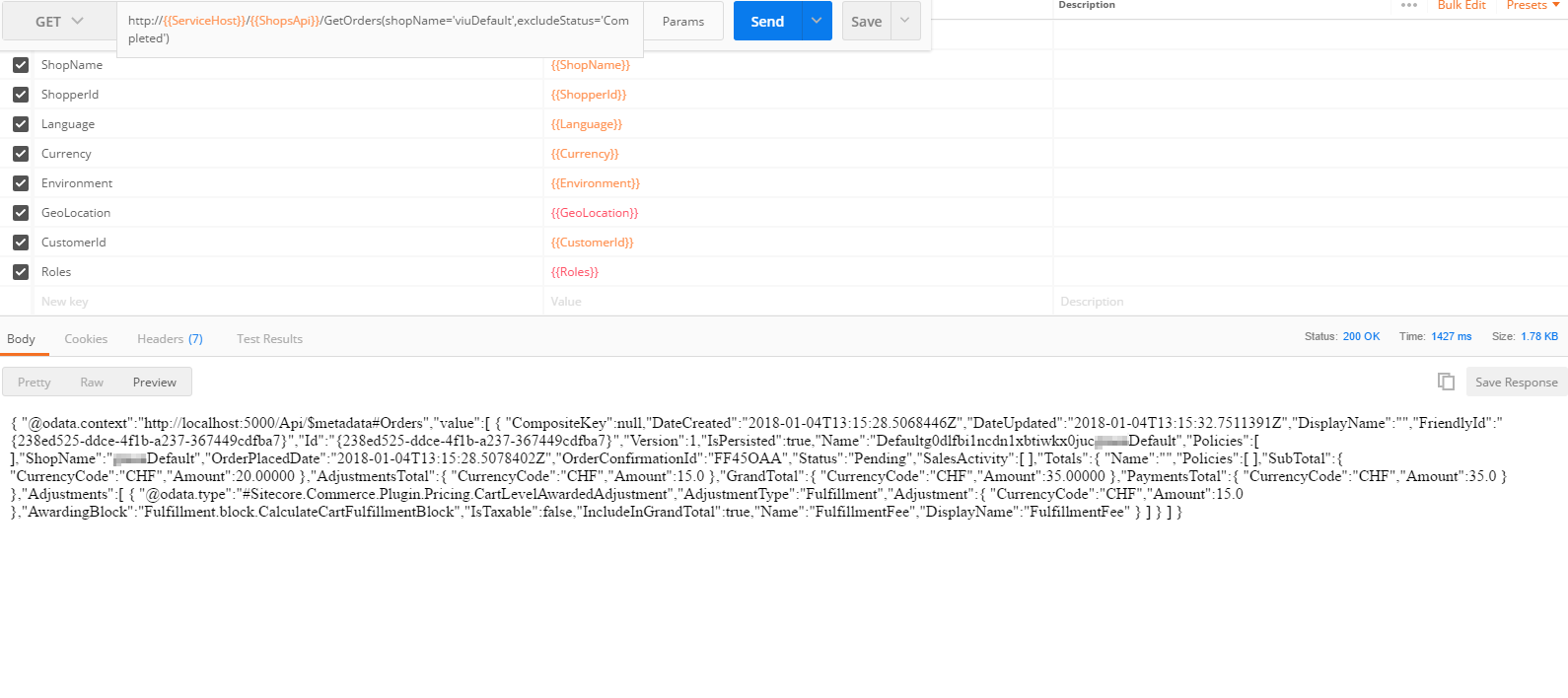 Example request to the new api with Postman