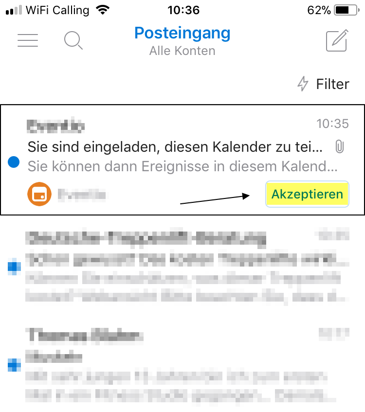 Einladung akzeptieren auf dem Mobile
