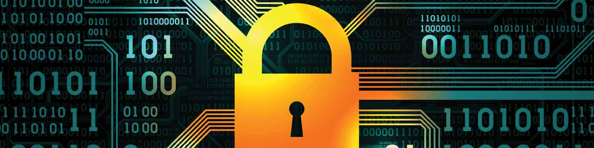 Lock in front of abstract futuristic electronic circuit board with binary code